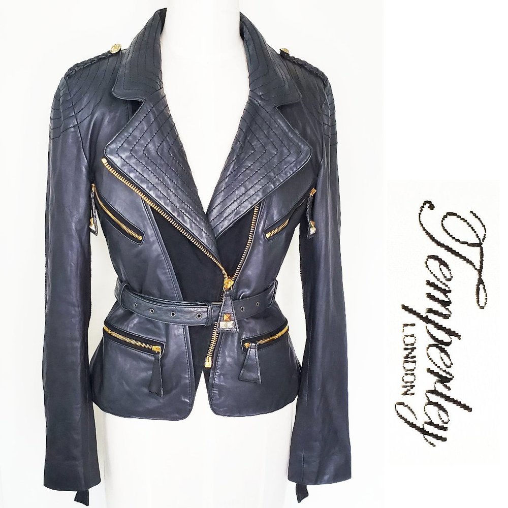 Temperley London Womens Black and Anthrazit Grey Moto Leather Jacket Studs 4